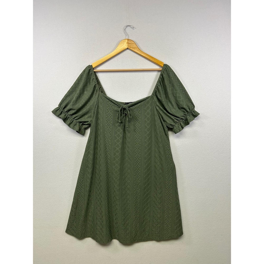 Cottagecore Vibe Sportswear Womens 2X Olive Green Eyelet Puff‎ Sleeve Mini Dress